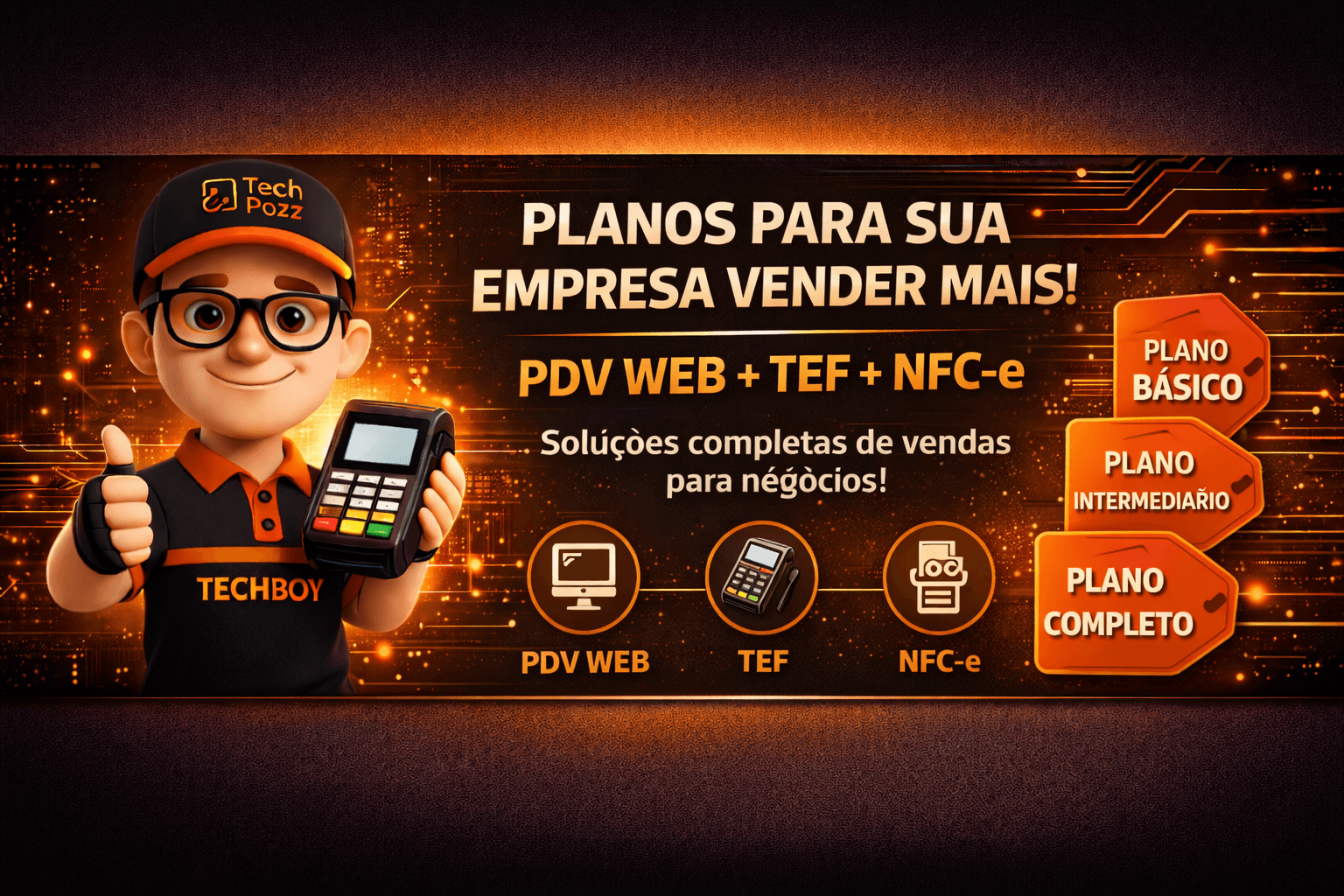 Tech Pozz: planos para sua empresa vender mais — PDV web, TEF e NFC-e. Soluções completas de vendas, com opções de plano básico, intermediário e completo.